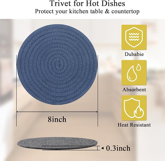 SHACOS 8 Inch Trivets for Hot Dishes, 4 Pcs Cotton Trivets Mats for Kitchen, Hot Pads for Countertops and Table, Heat-Resistant Pot Holders for Hot Pots and Pans(Blue+Dark Grey) (Pack of 2)