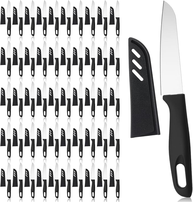 50 Pcs Paring Knives with Cover 7.5 Inch Sharp Stainless Steel Knife with Ergonomic Plastic Handle and Blade Cover for Fruit Vegetable Kitchen, Black