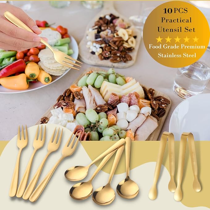 Charcuterie Board Accessories Set - Charcuterie Utensils Kit with Cheese Knives, Spoons & Forks, Ceramic Dipping Bowls, Mini Tongs, Cheese Markers, Honey Dipper for Charcuterie & Grazing Board (Gold)