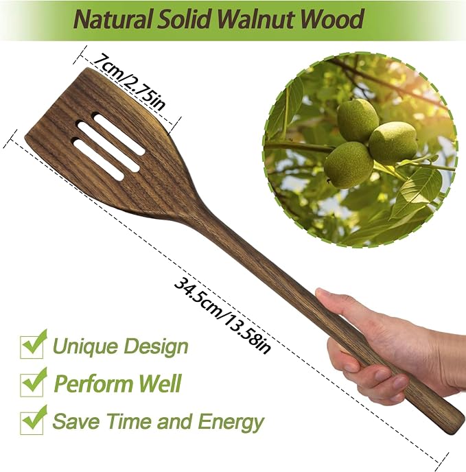 13.5" Wooden Slotted Spatula for Cooking, Walnut Wood Spatula, Wooden Cooking Spatula with Long Handle, Flat Wood Slotted Turner for Non Stick Cookware, Walnut Wooden Cooking Utensils