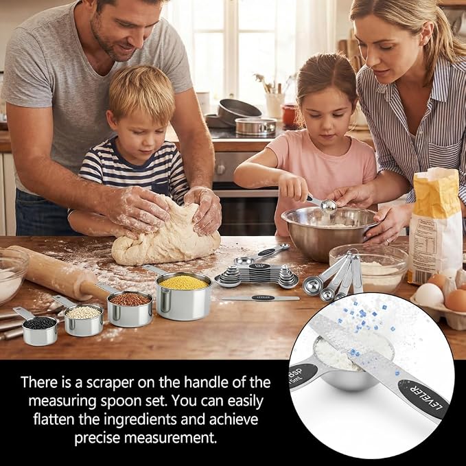 Measuring Cup and Magnetic Measuring Spoons Set, 8 Stainless Steel Nesting Measuring Cup & 8 Double Sided Stackable Magnetic Measuring Spoons & 1 Leveler for Cooking Dry & Liquid Ingredients