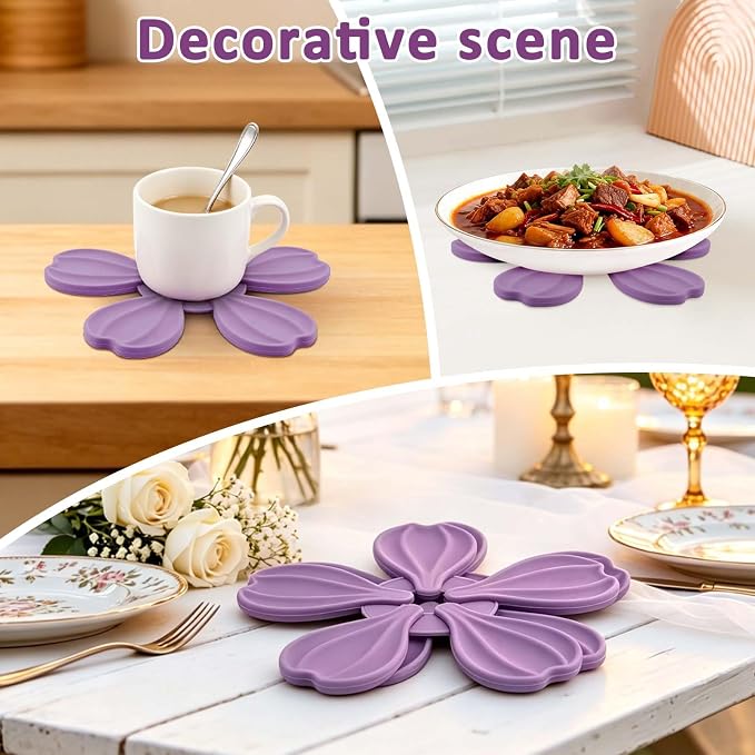 4-piece Silicone Trivet Mat - Non-Slip & Heat Resistant Kitchen Hot Pads for Table & Countertop, Multifunctional Mats can Hold Coffee, Plates, and Various Ornaments, (Purple)