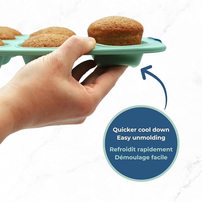 Starfrit Silicone Bakeware 12 Muffin Pan with Integrated Metal Frame - Premium Silicone BPA-Free - Heat Resistant - Ergonomic Handles - Easy Release - Oven & Dishwasher Safe - Green