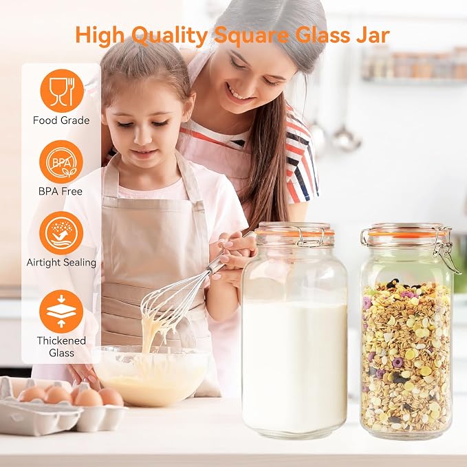 Glass Storage Jars with Airtight Lids - 2 Pack 67 Oz Food Containers Large Wide Mouth Kitchen Pantry Canisters Mason Jar for Flour Sugar Coffee Cookies Cereal Rice