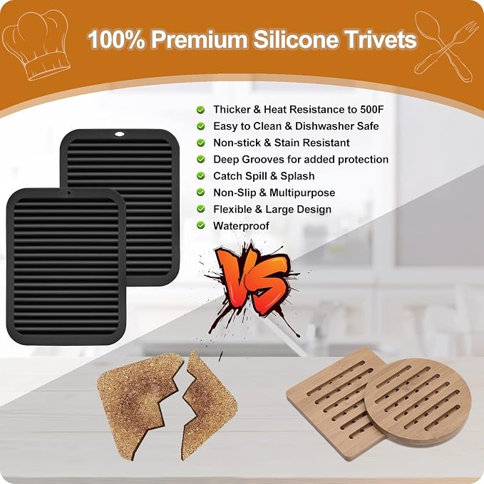 2 Pack Square Trivets for Hot Dishes | 9*12in Silicone Hot Pads for Kitchen,Hot Pots and Pans, Protect Table, Countertops, Heat Resistance to 480°F, Black