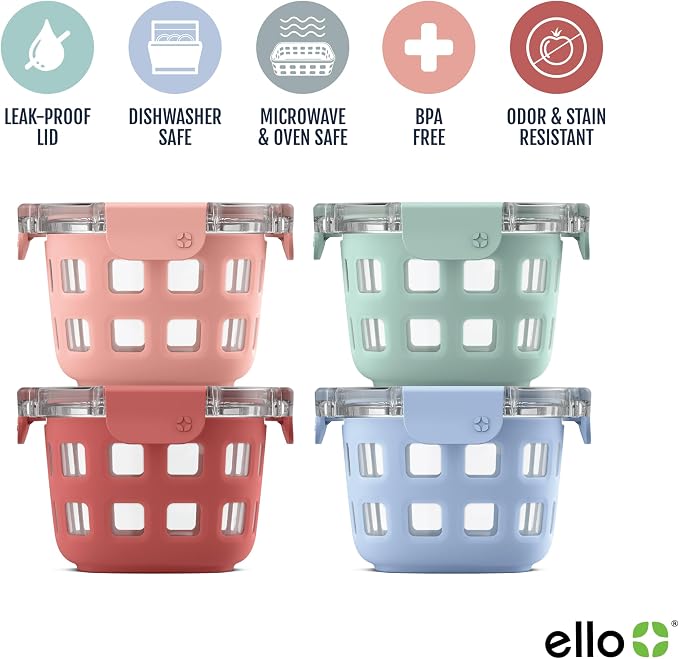 Ello Duraglass 2 Cup Glass Storage Containers with Lids, 4 Pack, Melon | Glass meal prep set with silicone sleeves, leakproof BPA-free lids, microwave and oven safe, freezer and dishwasher safe