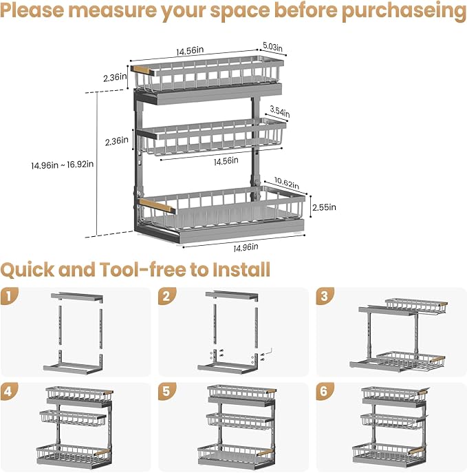Under Sink Organizer and Storage for Bathroom and Kitchen - 2 Pack 3 Tier | Cabinet Pull Out Shelf Organizers - Slide Out Drawer Organization for Home Cabinets Shelves and Drawers