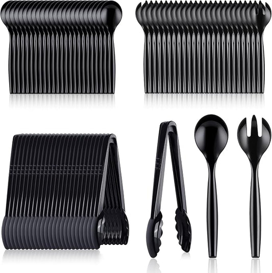 Mwellewm 72Pcs Plastic Serving Utensils Set 10 inch Disposable Serving Spoons Forks Tongs for Serving Food Large Heavy Duty Black Large Party Utensils Supplies for Buffet Restaurant Dinner Salad Soup