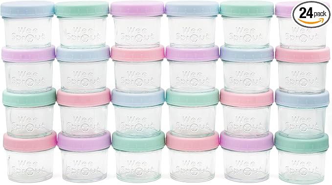 WeeSprout Baby Food Storage Glass Jars w/Lids (4 oz, 24 Pack) Pastel Variety, Snack, Reusable Small Containers, Fridge or Freezer, Microwave & Dishwasher Safe, Essentials for Infants