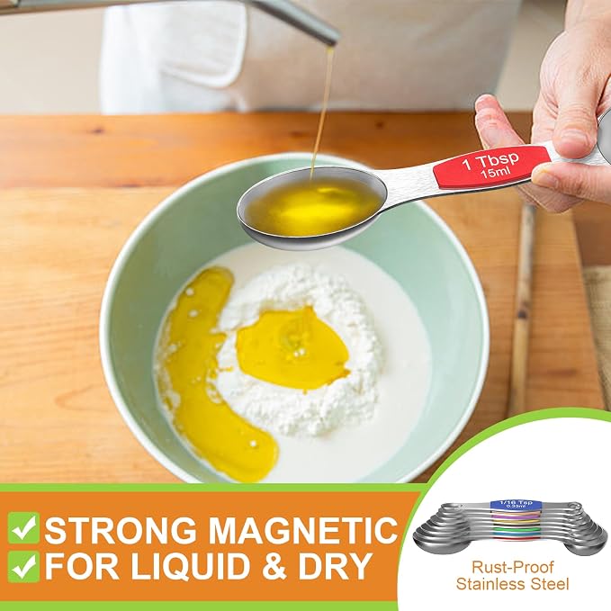 Wildone Stainless Steel Magnetic Measuring Spoons with Strong Magnets, 14pc | Including 8 Double Sided Magnetic Measuring Spoons, Leveler and 5 Mini Spoons for Spice Jar and Liquid Measuring, Multicolor
