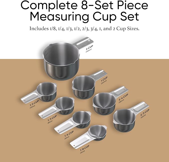 Color Up Measuring Cup Set, 8 Piece, Copper and Chrome Finish, Stainless Steel, Accurate for Wet & Dry Ingredients, Embossed Markings, Easy Pour Spouts, Dishwasher Safe, Kitchen Essential (Stainless)