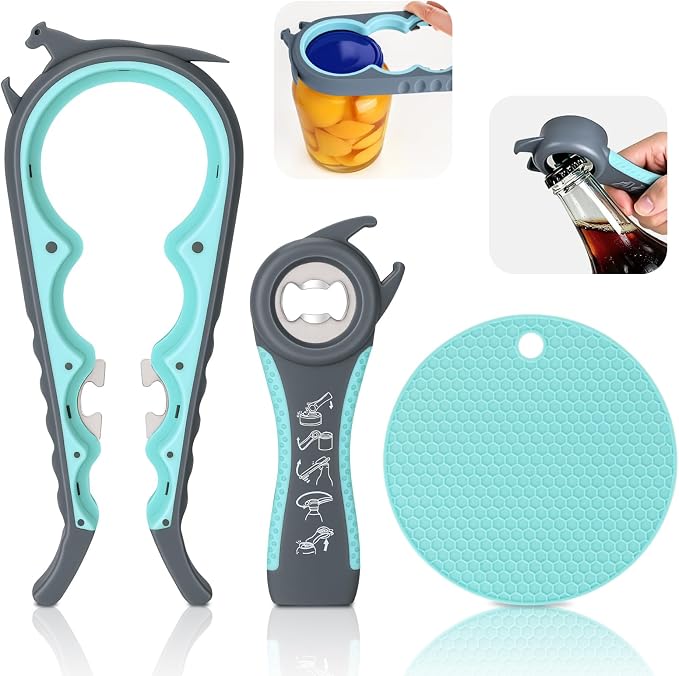 Jar Opener for Weak Hands, Seniors, Arthritis (Blue&Grey) | 3-Pieces Jar and Bottle Opener Set, 6-in-1 Multifunctional Jar Lid Opener Bottle Opener, Non-Slip Jar Opener Gripper Pad