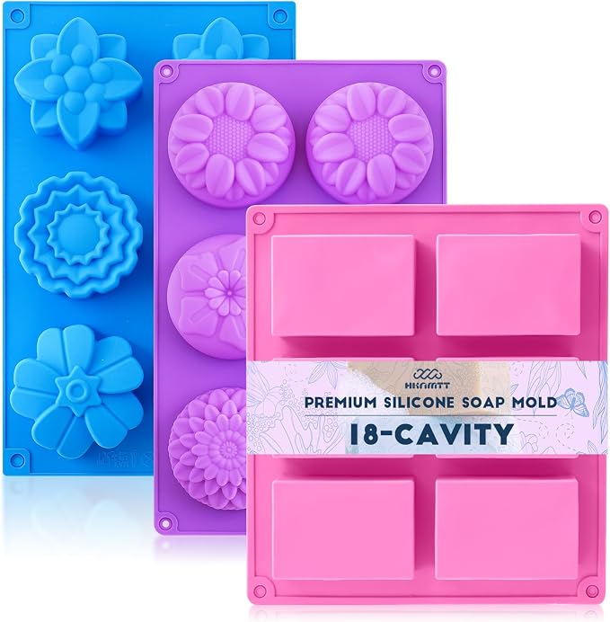 HKNMTT 3Pcs Soap Molds 6-Cavity Multi-Design Silicone Mold for DIY Craft | Geometric Floral+Rectangular Designs, for Chocolate Shower Steamer Bath Bomb Lotion Shampoo Bar Dessert Non-Stick Food Grade