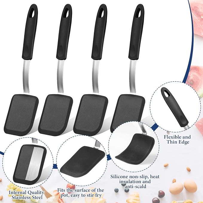 Gejoy 4 Pcs Silicone Cookie Spatula Turner Mini Brownie Spatula Flexible Silicone Spatulas Nonstick Cookware Heat Resistant No Scratch Flipper Baking Utensils for Egg Pancake(Black)