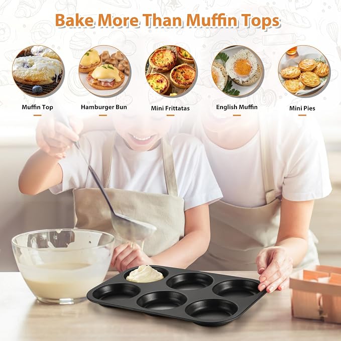 far Muffin Top Pan Set of 3, Nonstick 6-Cavity Shallow Cupcake Pan for Baking Whoopie Pie, Yorkshire Pudding, Eggs, Cornbread, Drop Cookies, Easy Release & Clean, 3-Inch Standard Size