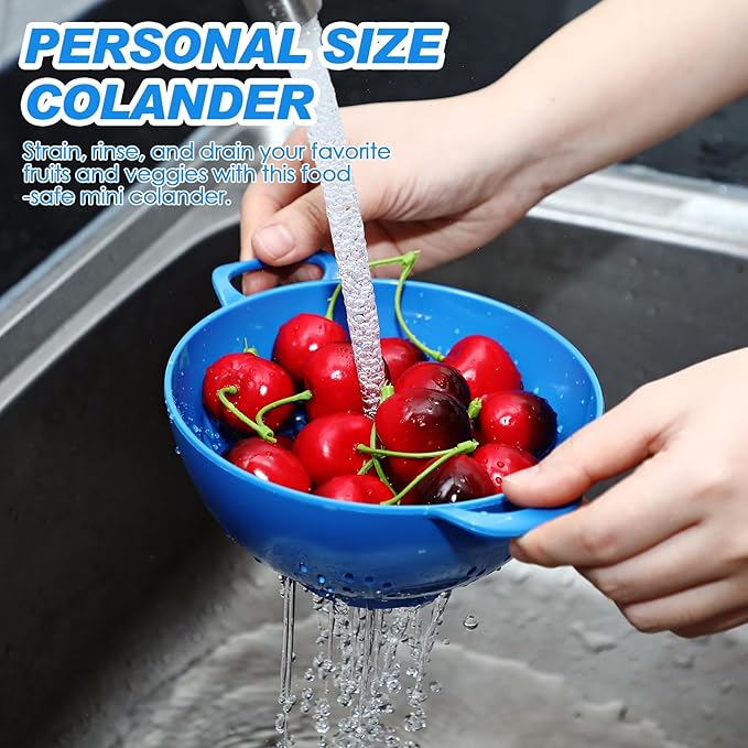 Baderke 4 Pack Mini Colander for Kitchen Plastic Berry Strainer with Double Handles 7.5 x 6 x 3 Inch Small Colander Strainer for Fruits Vegetables Food (Green,Red,Blue,Lemon Yellow)