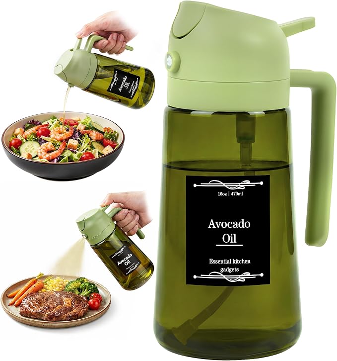 Oil Dispenser Glass Bottle, 16oz/470ml, 2 in 1 Oil Sprayer and Pourer, Light-Blocking Dark Glass, for Cooking, Air Fryer, Salad, BBQ (Green)