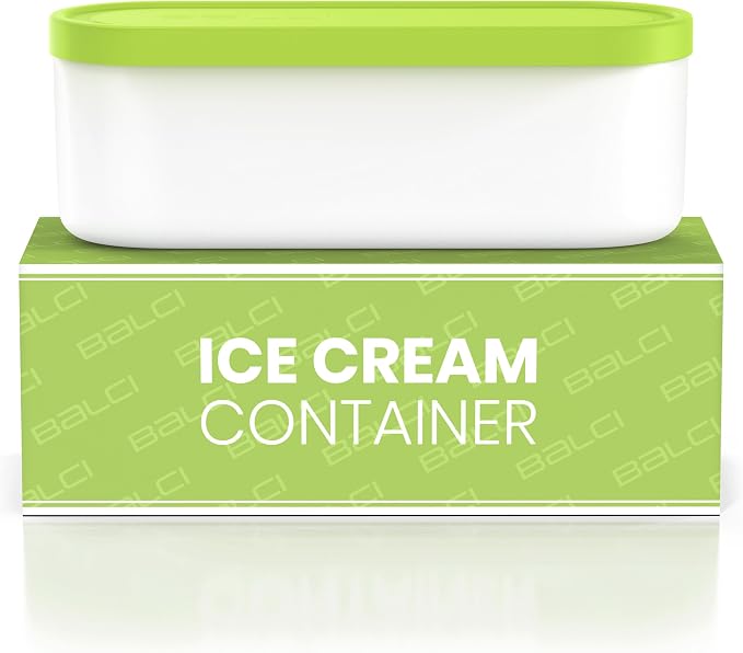 BALCI - Ice Cream Container - 2 Quart - Perfect Reusable Freezer Storage for Homemade Ice Cream Tubs for Sorbet, Frozen Yogurt and Gelato! - Flexible Silicone Lids, Long Scoop, Stackable - Green