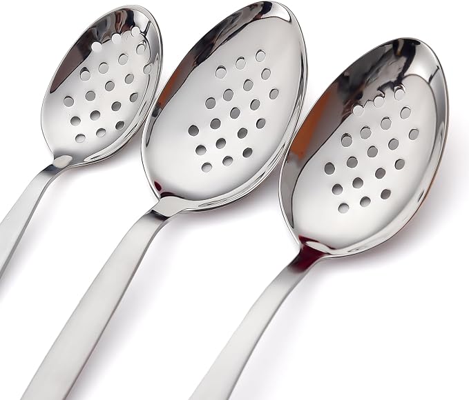 3-PCS Kunz Spoon | 9 Inch 18/10 Stainless Steel Serving Spoons Set Include Serving Spoon, Slotted and Perforated Spoons (Large Medium and Small, Kunz Perforated Spoon Set (3 Piece))