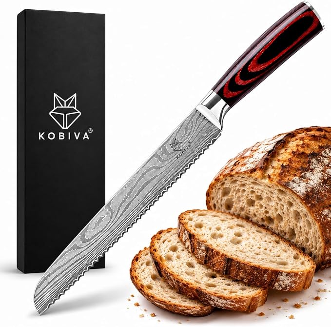 Premium 10-inch Serrated Bread Knife | Razor Sharp Cutter for Homemade Bread, Sourdough & Cake | Elegant Kitchen Essential for Effortless Slicing, Damascus Steel Lasered Pattern | Kitchen Gifts | Ultra-sharp serrated edge for sourdough, bagels, cakes. ...