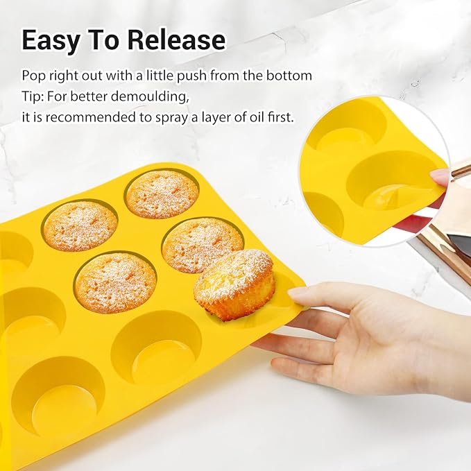 Redfly 2 Pack Silicone Muffin Pans for Baking & Cupcake Pan - 12 Cup Regular Size Silicone Molds, BPA Free Egg Bites Mold,Yellow