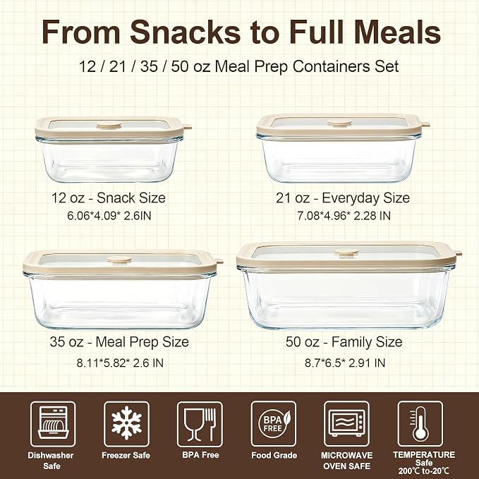 Multi-Size Glass Food Storage Containers with Glass Lids, 4 Pack | Airtight Glass Meal Prep Containers, Plastic Free, Borosilicate Glass Lunch Containers for Leftovers, Microwave, Freezer