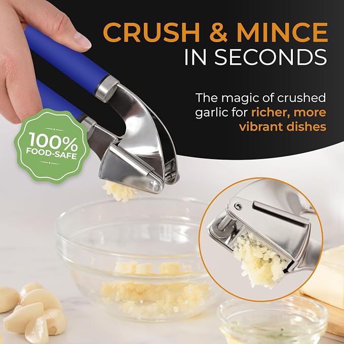 ORBLUE Garlic Press and Peeler Set, Stainless Steel - Professional Grade Mincer, Crusher - Dishwasher Safe & Rust-proof, Blue
