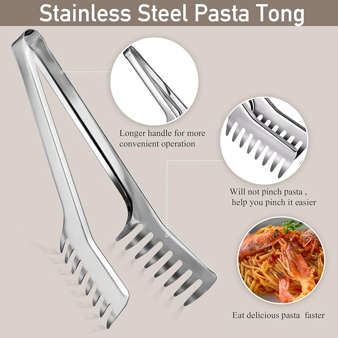 Patelai Stainless Steel Spaghetti Spoon and Pasta Tongs Set, Long Handle Noodle Server Tools with Drain Holes, Non-slip Grip for Cooking, Serving Pasta and Noodles(Sliver)