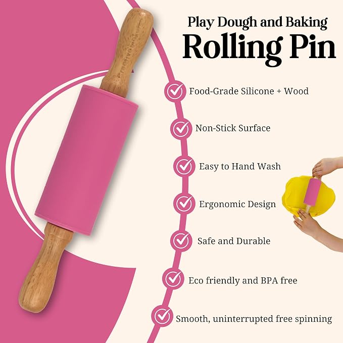 Small Rolling Pin for Kids, Non-Stick Silicone Surface with Wooden Handles for Play Dough and Baking Rolling Pin (Hot Pink)