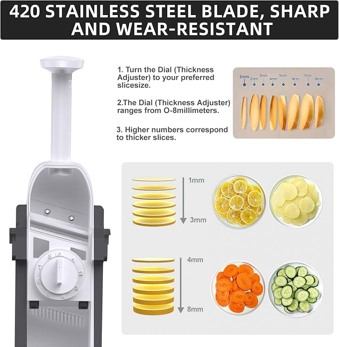 Safe Mandoline Slicer for Kitchen, Adjustable Thickness 0.1-8 mm, Professional Vegetable Slicer, Potato Slicer, Food Chopper French Fry Cutte, Mandolin, Chopping Artifact (just Slice, Gray)