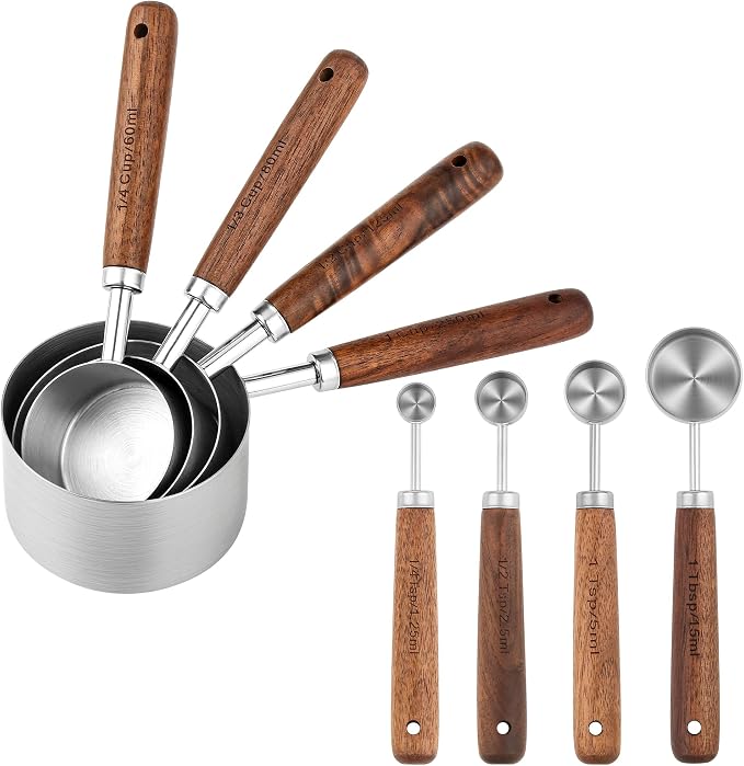 Measuring Cups and Spoons Set 8, 18/8 Stainless Steel Measuring Cups and Spoons Set for Baking and Kitchen, Metric & US Metal Measure Cup & Spoon with Wood Handle for Dry & Liquid