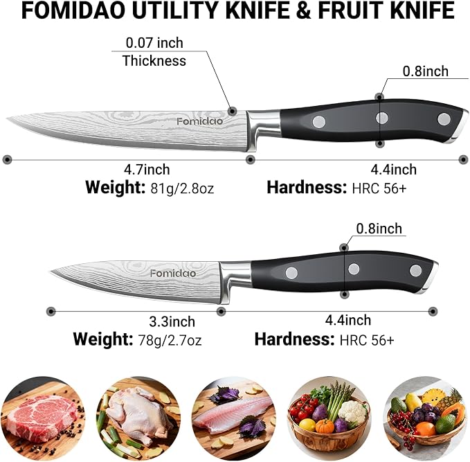 Razor Sharp 2PCS Small Kitchen Knife Set, 5 inch Utility Knife and 3.5 inch Paring Knife, High Carbon Steel Damascus Pattern Japanese Chef Knife with Full Tang Handle Design for Home Kitchen