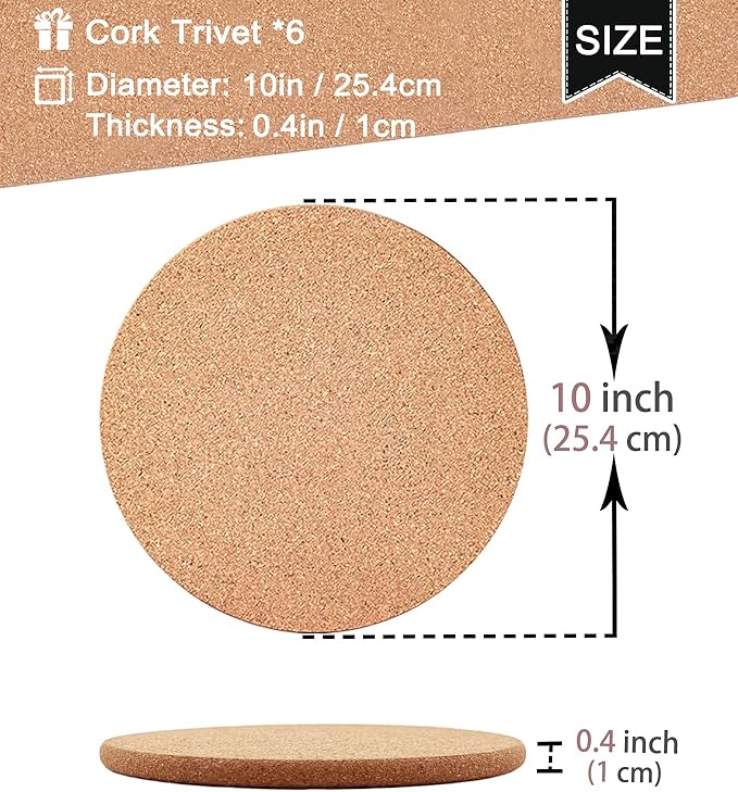Cork Trivet, 6 Pcs High Density Thick Cork Trivets for Hot Dishes, 10 Inch Heat Resistant Multifunctional Coaster, Hot Pads for Table & Countertop