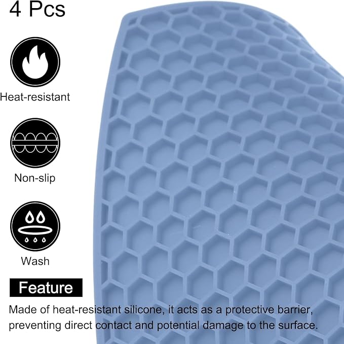 uxcell 4pcs Silicone Trivet Mats Heat Resistant Silicone Pot Holders for Hot Pots and Pans, Non-Slip Hot Pads for Kitchen Hot Dishes Table Countertops, Light Blue(Hexagonal)