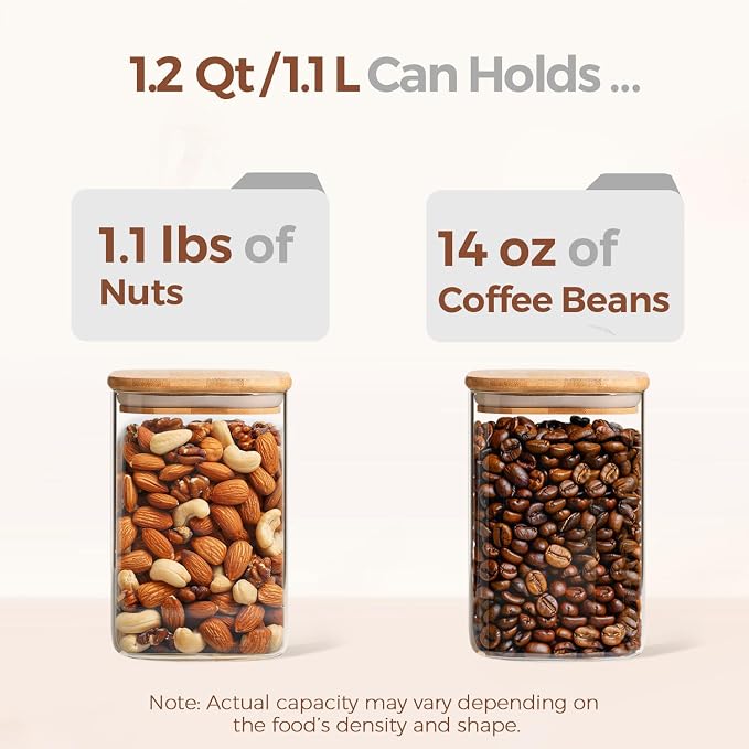 ComSaf Glass Storage Containers wtih Lids 1.2 Qt, Set of 6 Food Storage Jar | Glass Pantry Storage Containers, Square Kitchen Canisters, Pantry Organizers, Tea, Oat, Spice, Coffee, 37oz Jars, BPA Free