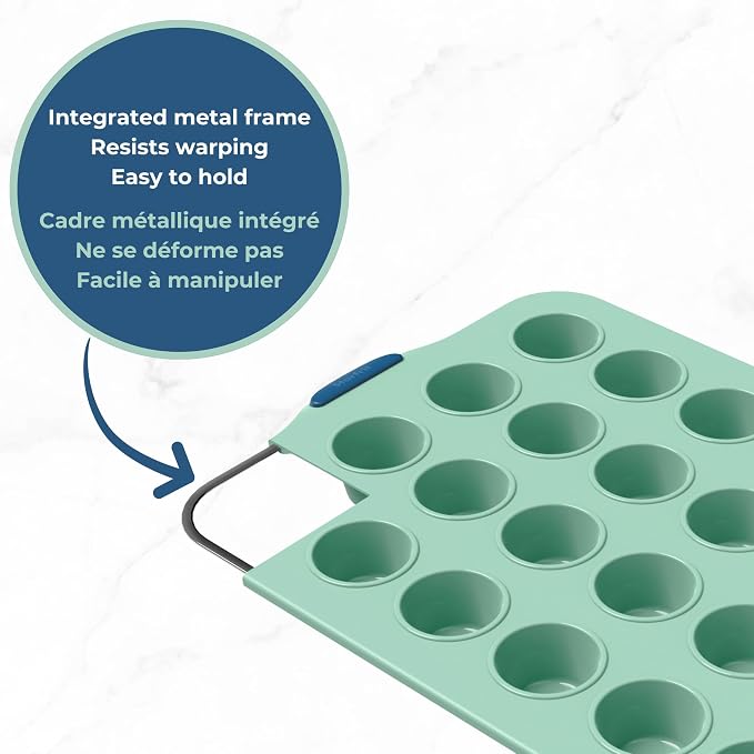 Starfrit Silicone Bakeware 24 Mini Muffin Pan with Integrated Metal Frame - Premium Silicone BPA-Free - Heat Resistant - Ergonomic Handles - Easy Release - Oven & Dishwasher Safe - Green
