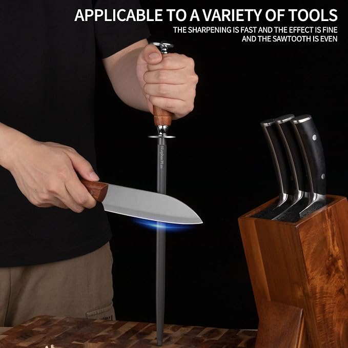 12IN Sharpening Steel with Solid Wood Handle Professional Honing Rod Knife Sharpener, High Carbon Steel Knife Sharpener Rod, Ideal for All Chef Knives