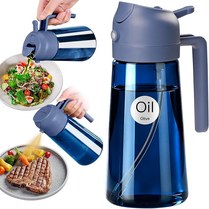 YARRAMATE 16oz/470ml Light-Blocking Dark Oil Sprayer for Cooking (Navy) | 2 in 1 Olive Oil Dispenser Bottle for Kitchen, Premium Blue Glass Oil Bottle, Food-Grade Oil Mister for Air Fryer, BBQ