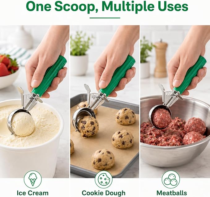 2.67 OZ Large Ice Cream Scoop, Cookie Scoop with Trigger Release & Anti-Freeze Grip, Cookie Scooper for Baking, Portion Scoop for Cookie Dough, Cupcake, Mashed Potatoes (Green - 5.2 Tbsp/ 78 ml)
