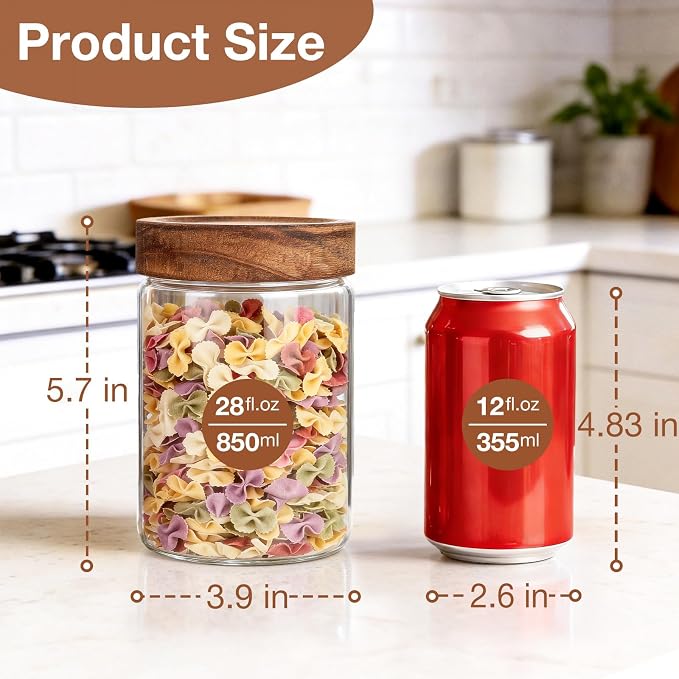 CONNOO 6Pcs- 28 oz Glass Jars with Wooden Lids | Pantry Containers with Wide Mouth Design, Store Rolled Oats, Coffee & Dry Foods, Includes 120 Waterproof Labels
