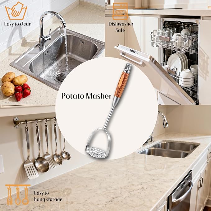Potato Masher Stainless Steel, 14 Inch Potato Smasher - Kitchen Essential for Mashed Potatoes, Pumpkin, Carrots, Avocado & Fruits, Heavy Duty Metal Mashing Utensil (Wooden handle Masher)