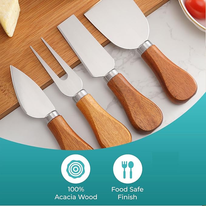 YUANQIAN Cheese Knife Set with Acacia Wood Handles - Cheese Knife, Spreader, Fork, Slicer - Mini Stainless Steel Cheese Tools for Charcuterie Boards (4Pcs/Set, S)