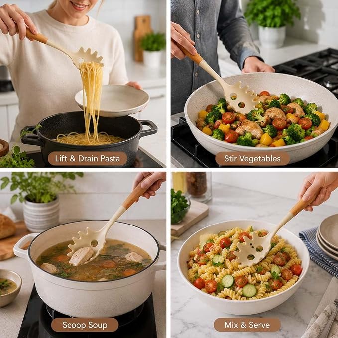 Silicone Pasta Server Spoon Nonstick Spaghetti Spoon with Wooden Handle Pasta Serving Spoon for Noodles Spaghetti Pasta Salad and Daily Cooking