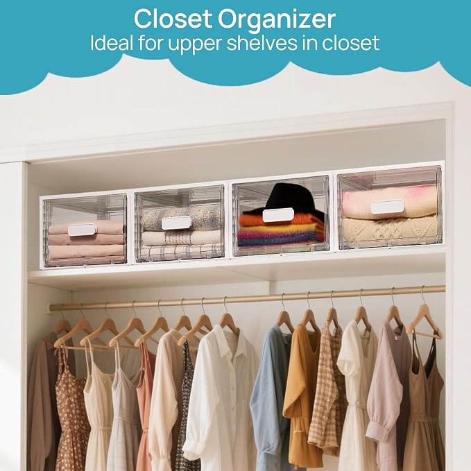 Vtopmart 4 Pack White Stackable Storage Drawers 15QT | Easily Assemble Closet Organizers,Plastic Storage Bins for Bathroom,Cabinet,Kitchen Pantry,Under Sink Organization(Medium)