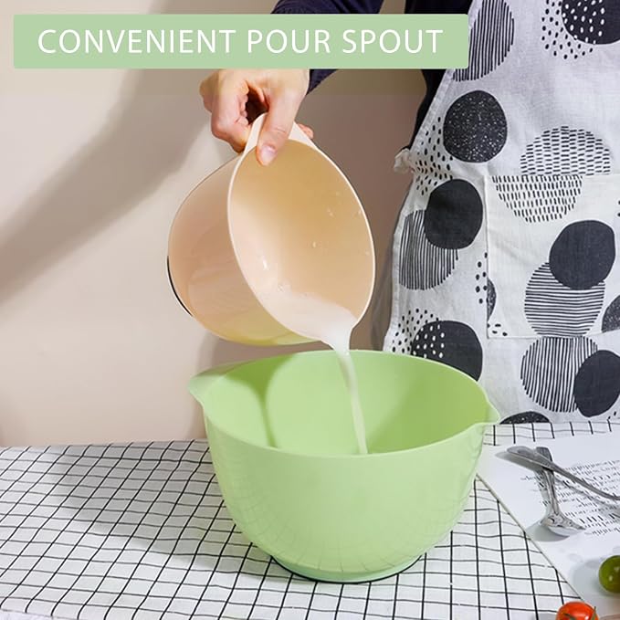 BoxedHome Classic Mixing Bowls Set of 4, BPA Free Plastic, Microwave Safe | 4.5, 3.5, 2.5 and 1.7 QT, Non-slip Base Large Non-toxic Nesting Bowl with Pour Spout, Dishwasher Safe, for Prep, Cooking