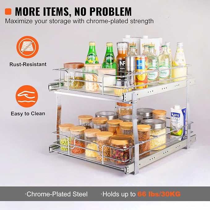 VEVOR 2 Tier 17"Wx21.2"Dx15.2"H Pull Out Cabinet Organizer, Heavy Duty Slide Out Pantry Shelves, Steel Roll Out Drawers, Sliding Drawer Storage for Home, 18.5"Wx22.5"Dx19"H Install Size for Cabinet