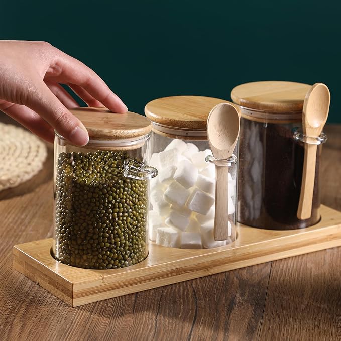 Glass Spice Storage Container with Spoon, 3PCS 20oz Airtight Sealed Condiment Jar with Tray, Kitchen Pantry Seasoning Canister Set for Salt Coffee Sugar Tea & Bathroom Cotton Swab Ball