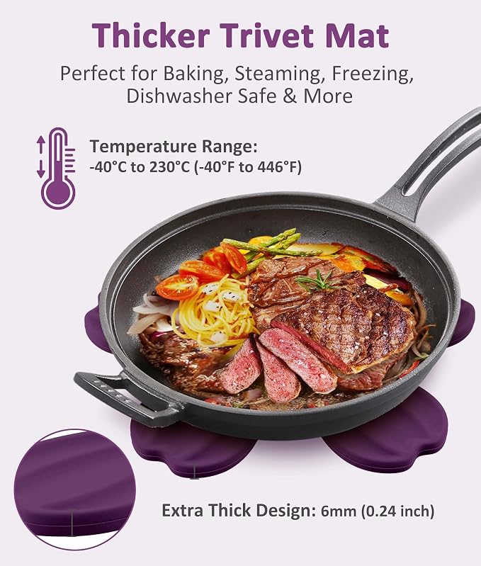Silicone Trivet Mat - 6 Flower-Shaped Silicone mats + 1 Stand, Non-Slip & Heat Resistant Kitchen Hot Pads for Table & Countertop, Multifunctional Mats can Hold Coffee, Plates