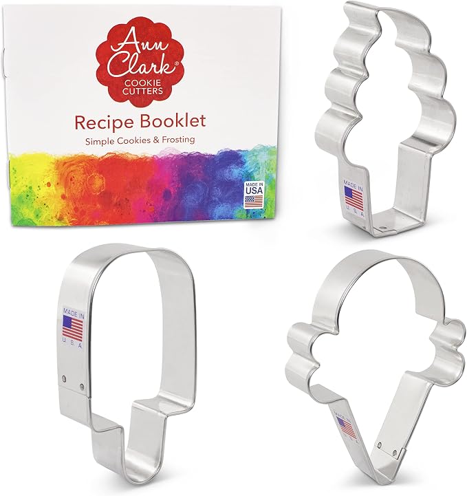 Ann Clark Ice Cream Cookie Cutters 3-Pc. Set Made in USA, Popsicle, Ice Cream Cone, Soft Serve Swirl Cone