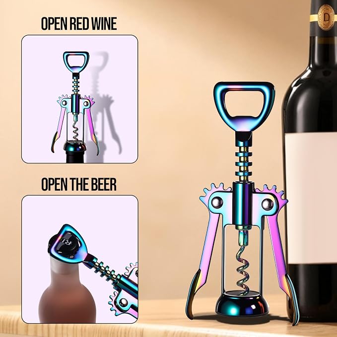 Winged Corkscrew, Iridescent Bottle Opener, Cork Remover, Rainbow Wine Gift Accessory, Mirage, Set of 1 (Iridescent)